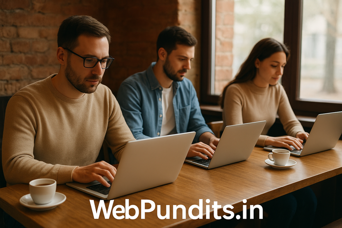 Three freelancers working on laptops in a cozy café with natural light and WebPundits.in watermark below.