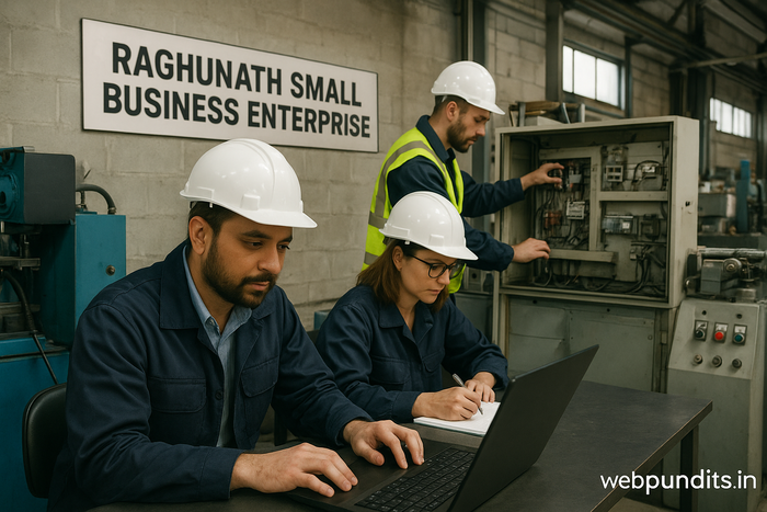Indian engineers working inside Raghunath Small Business Enterprise factory, using laptops and machinery with webpundits.in watermark.