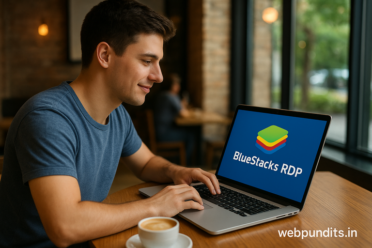 A young man sitting in a café using Bluestacks RDP on his laptop with a cup of coffee beside him and “webpundits.in” watermark at the bottom.