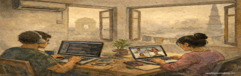 People working from home in Delhi on laptops during peak pollution, with smoggy city background and hazy skyline