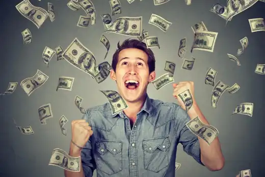Joyful person with arms raised, surrounded by falling dollar bills, symbolizing the earning opportunity through Webpundits' referral program. This visual emphasizes the potential to earn a 20% commission by referring friends, colleagues, or acquaintances to Webpundits' Encoding RDP services.