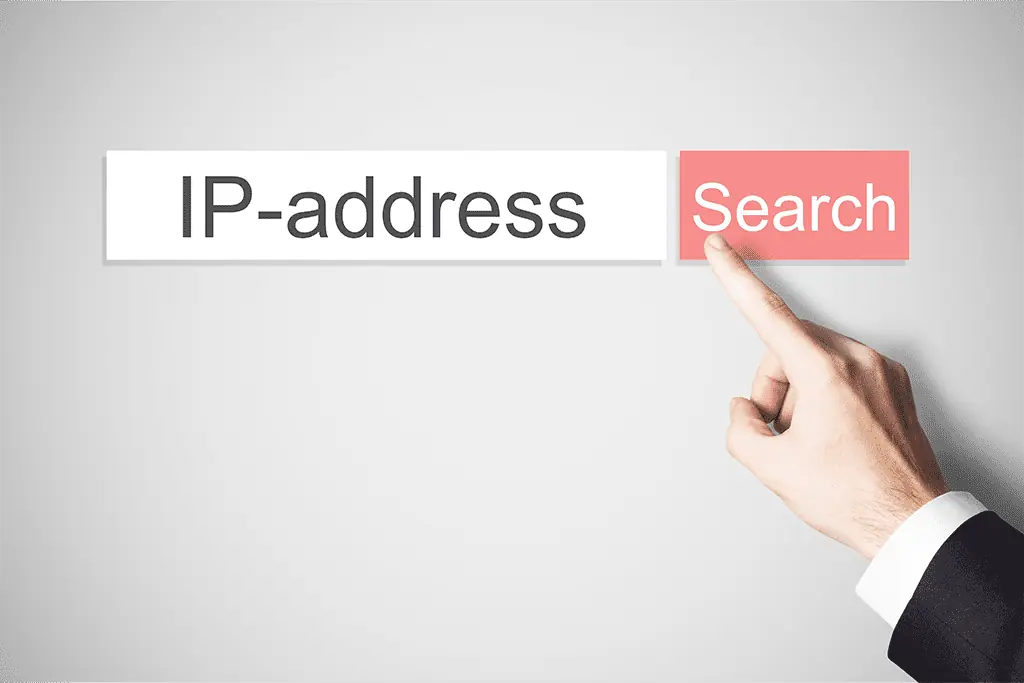 Hand pointing at a search bar with'IP-address' and a red'Search' button, representing the verification process of IP addresses. This highlights Webpundits' commitment to providing Encoding RDP services with verified IP addresses from whoer.net, ensuring reliable and location-specific server assignments for a dependable remote desktop experience.