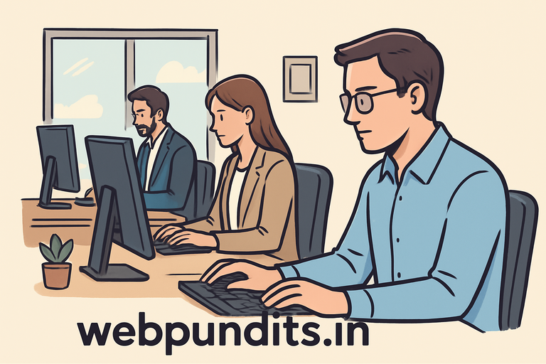 Illustration of three professionals working on desktop computers in an office, with "webpundits.in" written below.