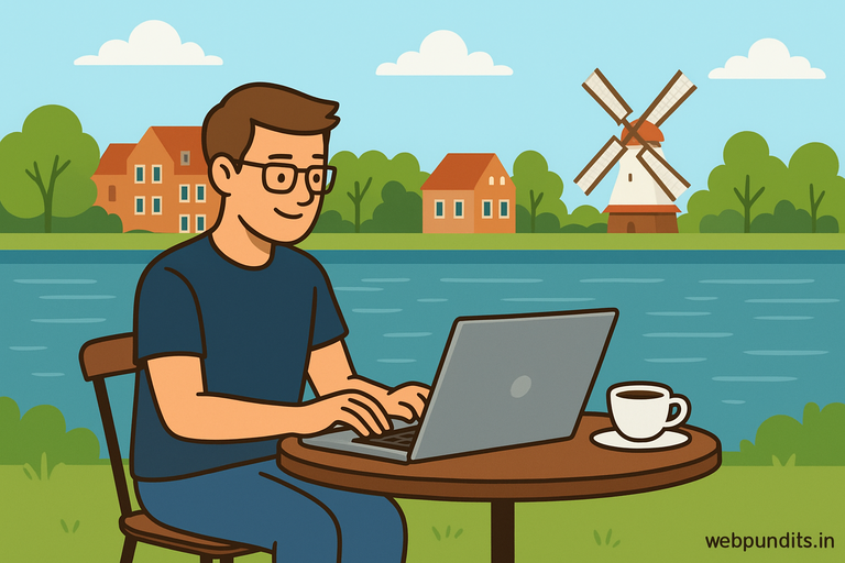 Freelancer sitting at a lakeside café in the Netherlands, working on a laptop with a windmill and Dutch houses in the background, and a small “webpundits.in” watermark.