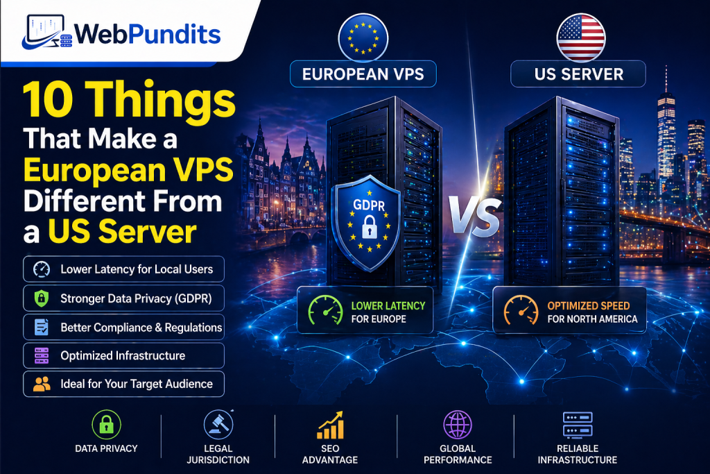 comparison of european vps and us server showing differences in speed, latency, and data privacy